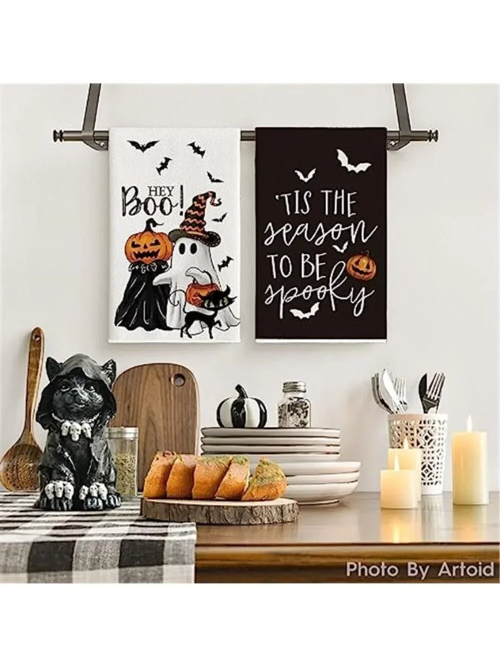 Mode Ghost Cat Halloween Kitchen Towels Set of 2 18x26 Inch
